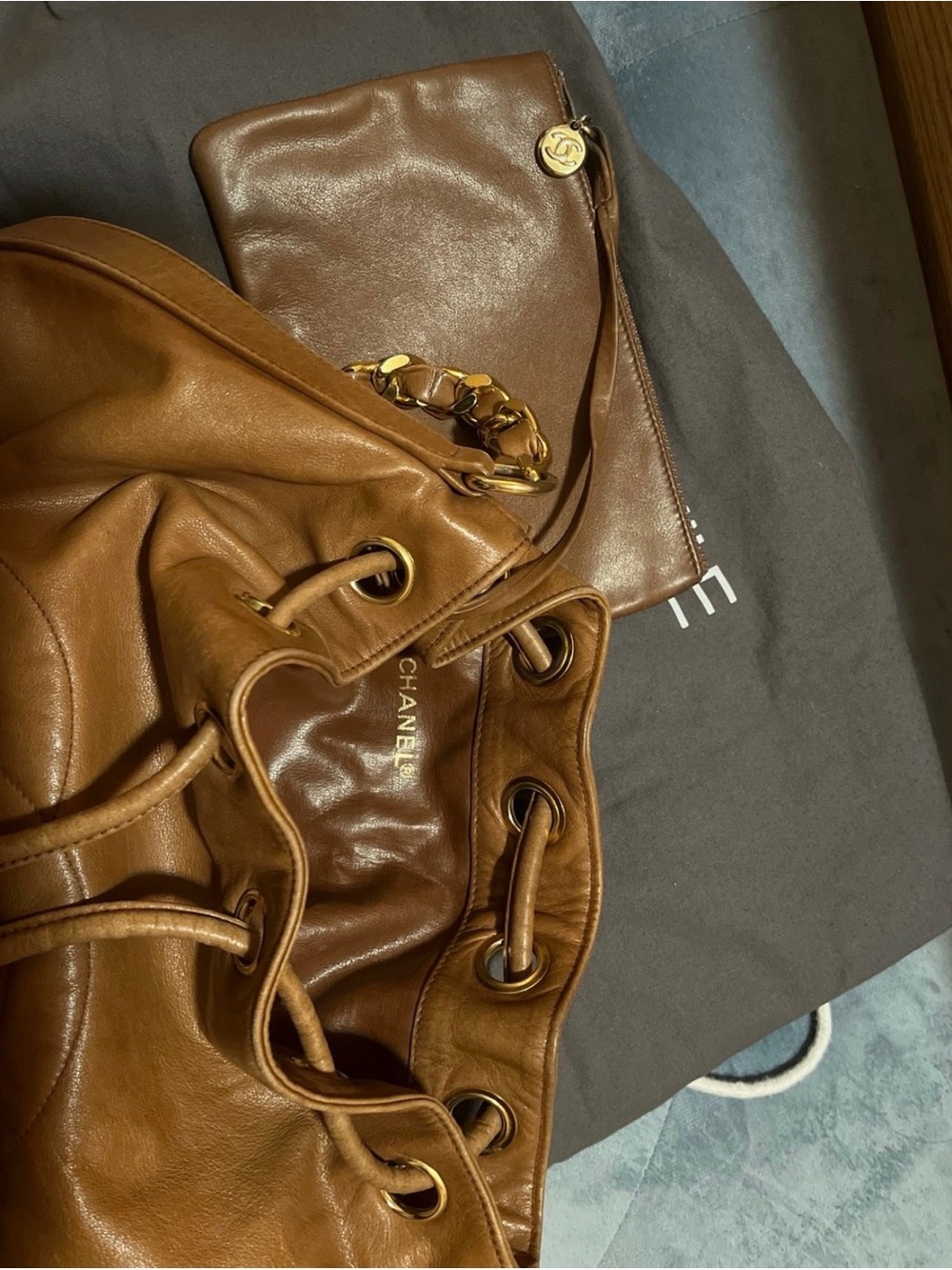 CHANEL Cognac Leather Drawstring Shoulder chain Bag - Picture 5 of 12
